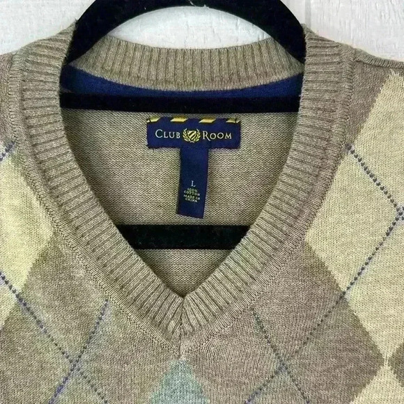 Men’s Club Room 100% Cotton Size Large Argyle V Neck Long Sleeve Sweater - Picture 2 of 6